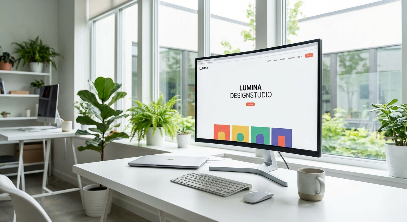 Moderner Arbeitsplatz mit professionellem Webdesign auf dem Bildschirm