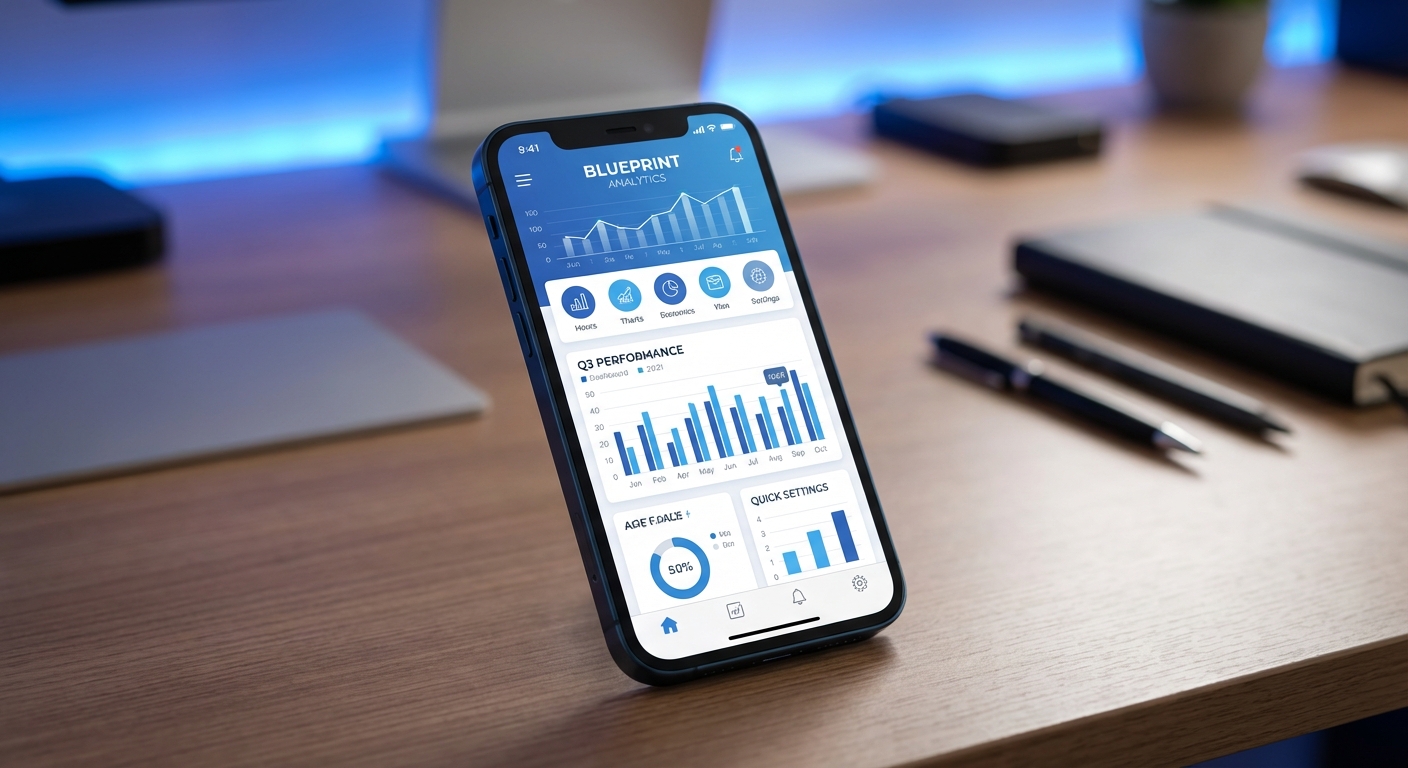Smartphone mit individueller Business-App auf modernem Schreibtisch
