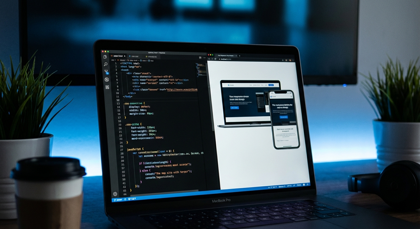 Modernes Laptop zeigt sauberen Website-Code und responsives Layout