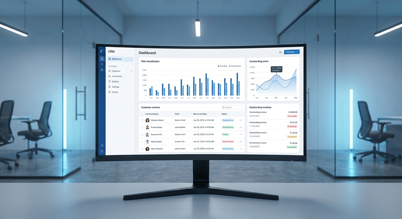 CRM-Dashboard mit Kundendaten, Diagrammen und Rechnungsübersicht auf einem modernen Monitor