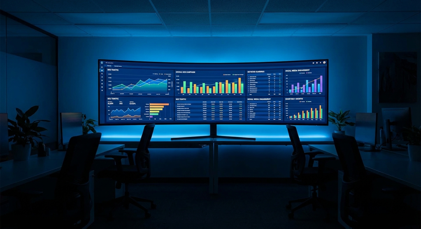 SEO- und Google-Ads-Analytics-Dashboard mit Wachstumskurven und Social-Media-Metriken