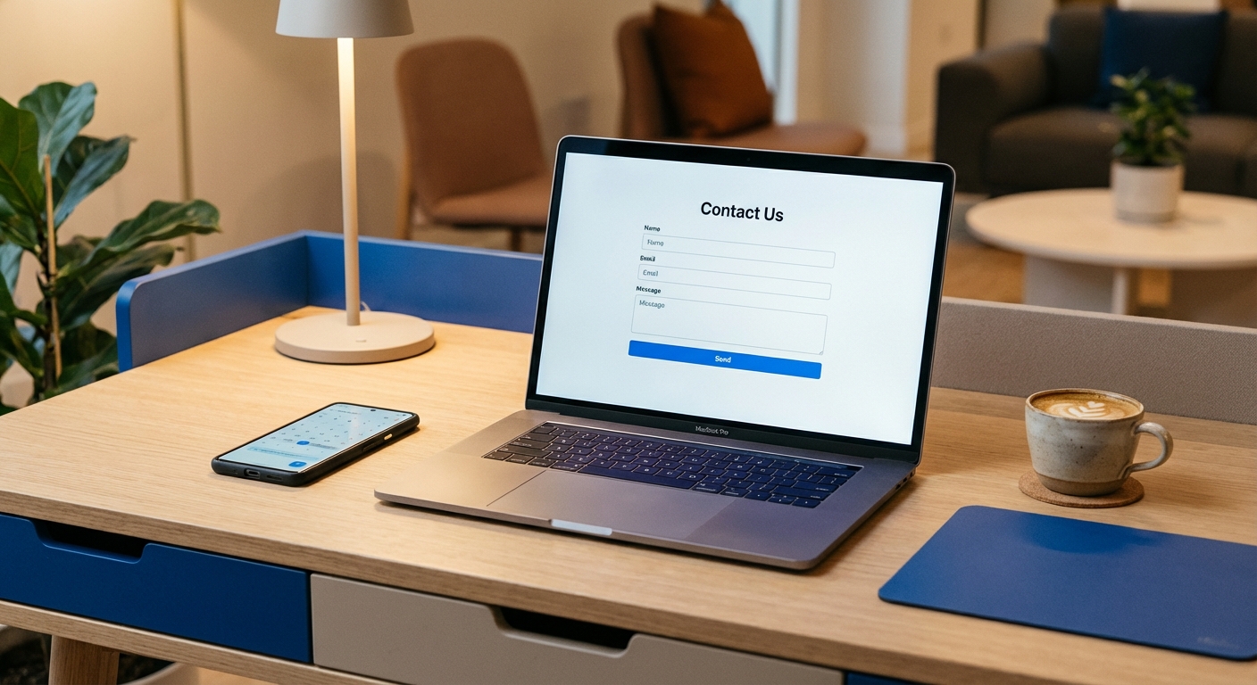 Moderner Arbeitsplatz mit Laptop, Kontaktformular und Smartphone bereit für eine Projektbesprechung